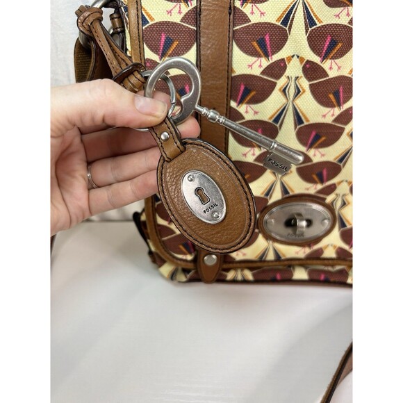 Rare Fossil Vintage Bird Print Canvas Messenger Turn Lock Bag Handle Crossbody - Picture 2 of 12